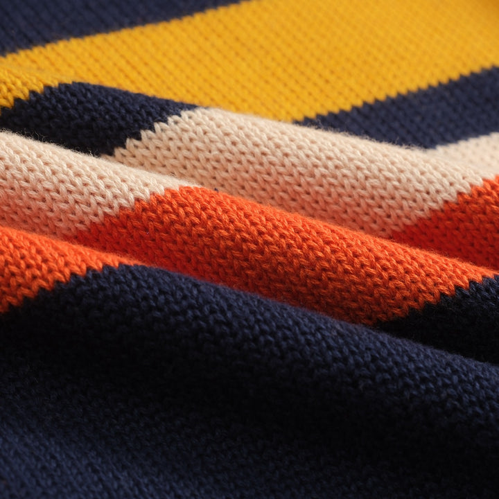 Mørkeblå retro kunststripete, fasjonable jacquardstrikkede rundhalsede strikkevarer for menn