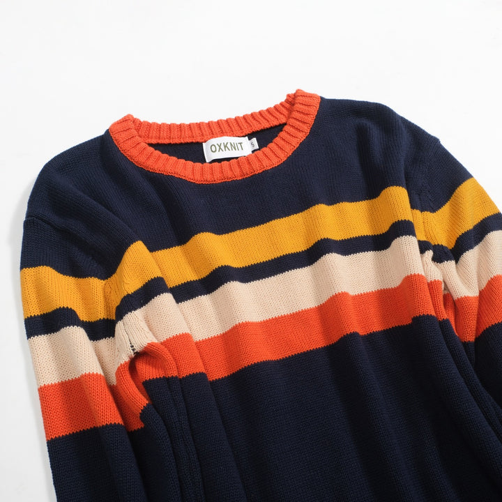 Mørkeblå retro kunststripete, fasjonable jacquardstrikkede rundhalsede strikkevarer for menn