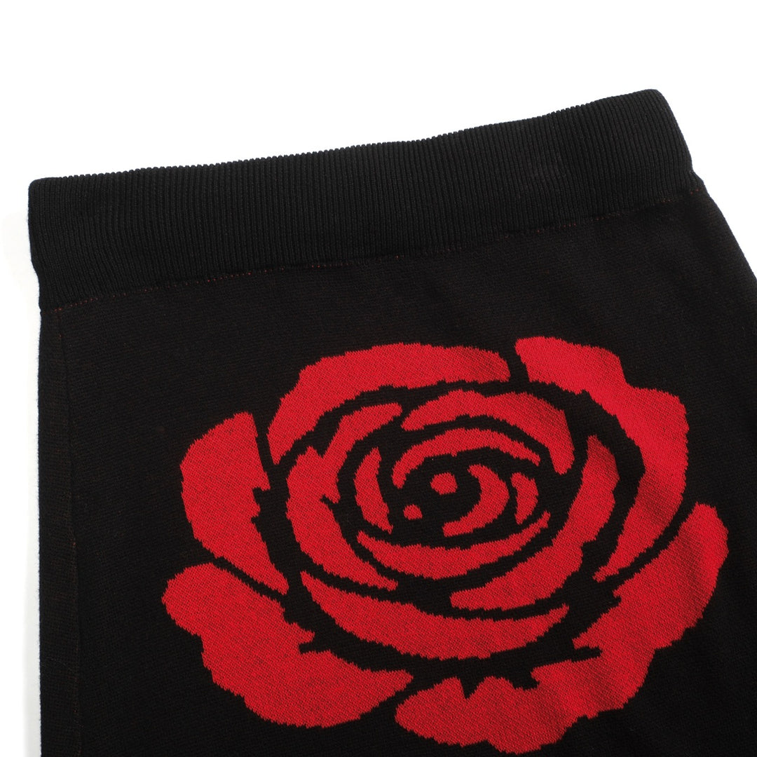 Saia feminina de malha jacquard preta retrô rosa arte