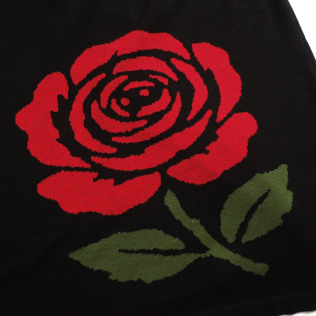 Saia feminina de malha jacquard preta retrô rosa arte