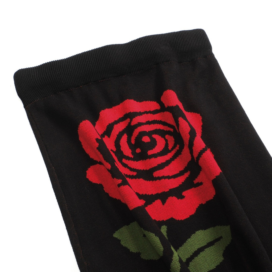 Saia feminina de malha jacquard preta retrô rosa arte