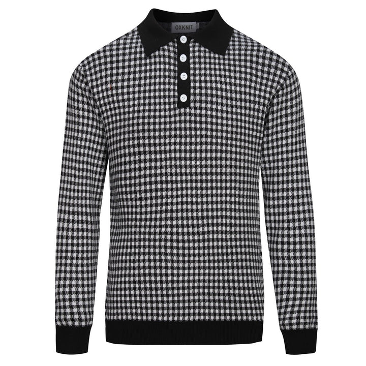 Camisa pólo jacquard masculina retrô preta elegante com padrão de rua