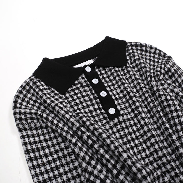 Camisa pólo jacquard masculina retrô preta elegante com padrão de rua