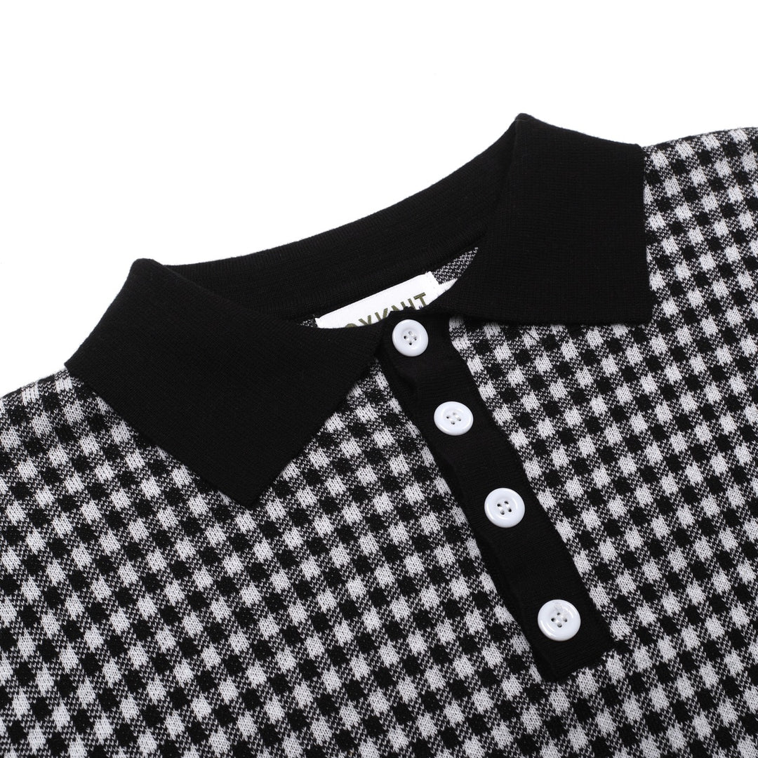 Camisa pólo jacquard masculina retrô preta elegante com padrão de rua