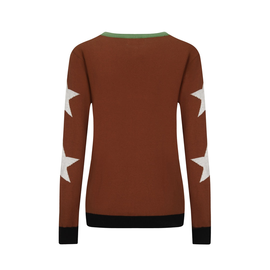Women's Brown Vintage Cat Star Art Fashion Jacquard Knitwear