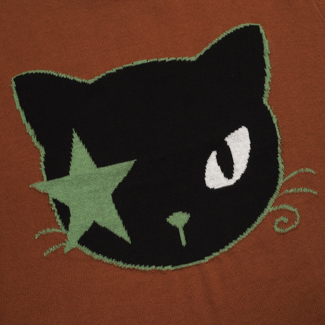 Women's Brown Vintage Cat Star Art Fashion Jacquard Knitwear