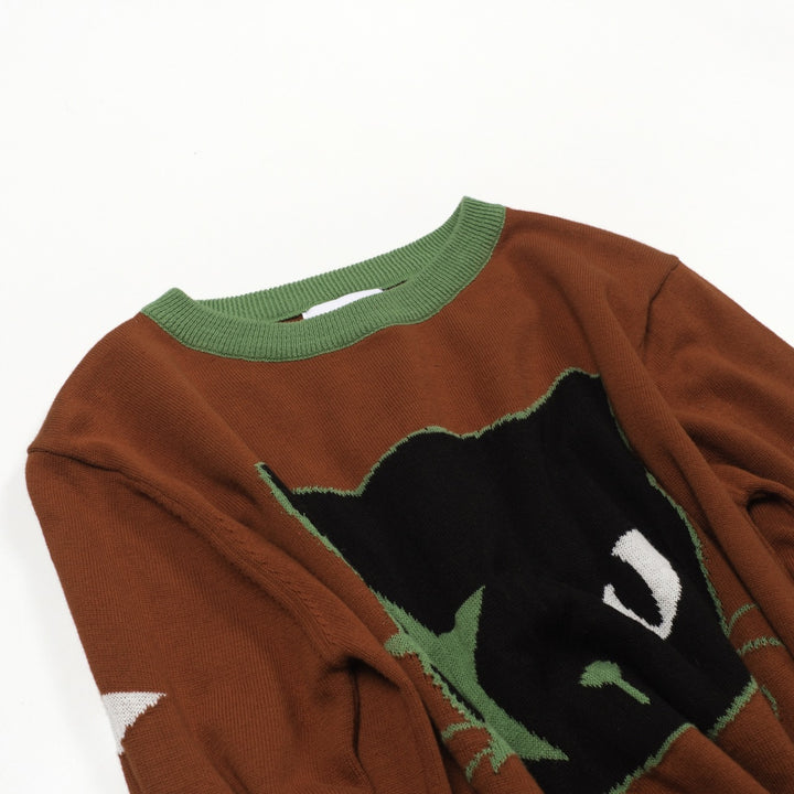 Women's Brown Vintage Cat Star Art Fashion Jacquard Knitwear