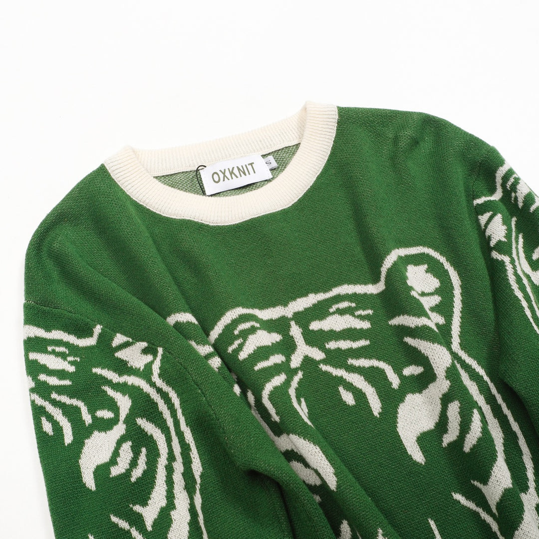 Women's Green Vintage Tiger Artistic Fashion Jacquard Knitwear