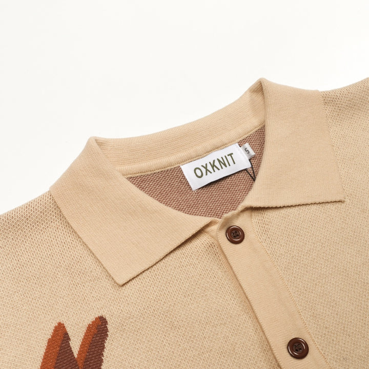 Kakifarvet, retro jacquardstrikket cardigan med dyreprint til mænd