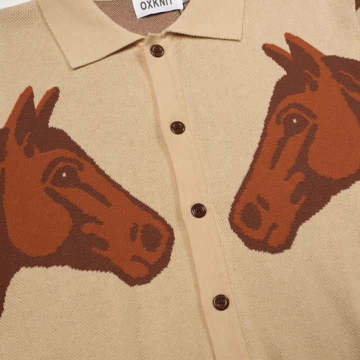 Kakifarvet, retro jacquardstrikket cardigan med dyreprint til mænd