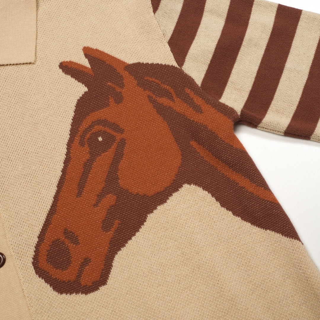 Kakifarvet, retro jacquardstrikket cardigan med dyreprint til mænd