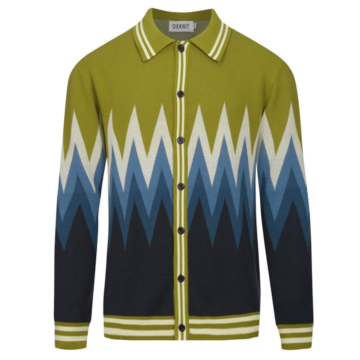 Men's Green Classic Vintage Striped Art Jacquard Knitted Cardigan