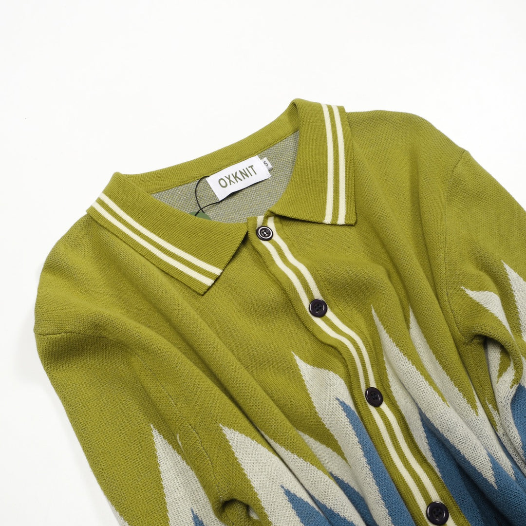 Men's Green Classic Vintage Striped Art Jacquard Knitted Cardigan