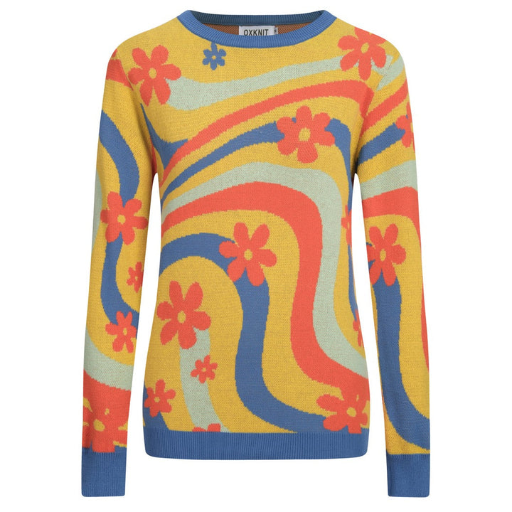 Kvinners gule blomsterkunststriper Jacquardstrikk