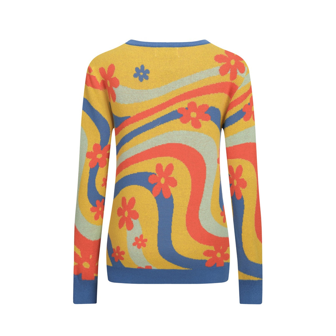 Kvinners gule blomsterkunststriper Jacquardstrikk