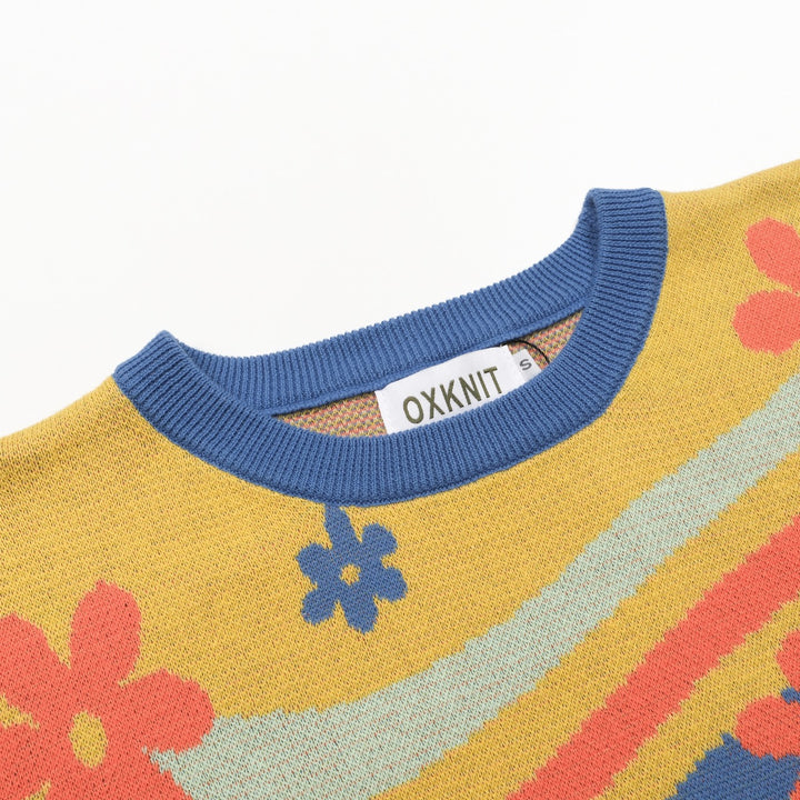 Kvinners gule blomsterkunststriper Jacquardstrikk