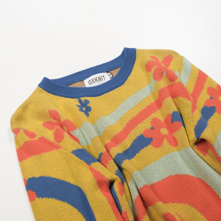 Kvinners gule blomsterkunststriper Jacquardstrikk