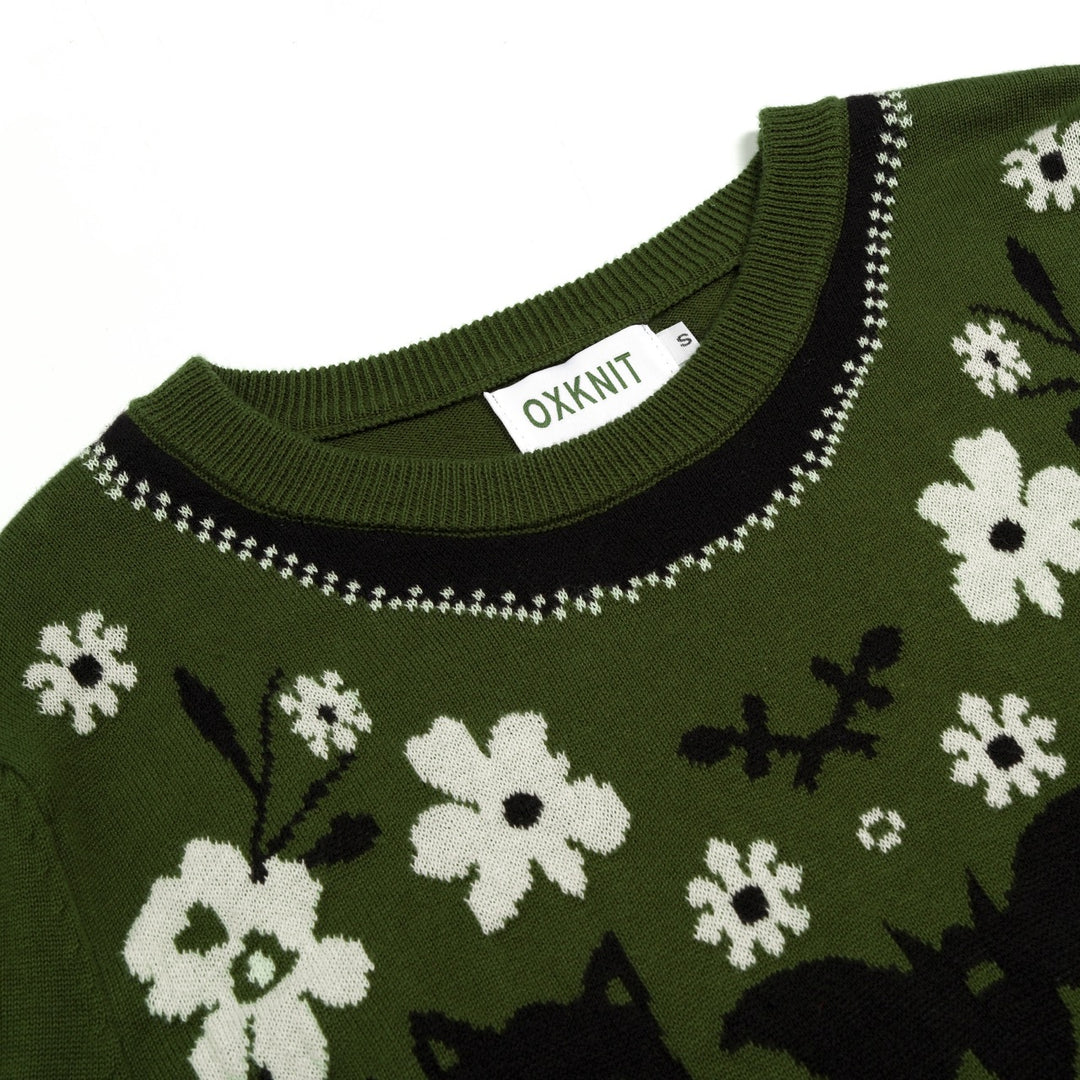 Malhas jacquard femininas com design clássico de flor de gato
