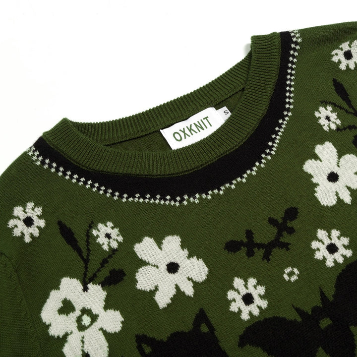 Malhas jacquard femininas com design clássico de flor de gato
