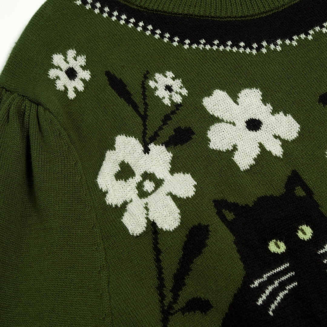 Malhas jacquard femininas com design clássico de flor de gato