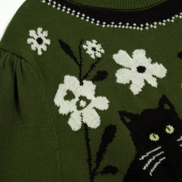 Malhas jacquard femininas com design clássico de flor de gato