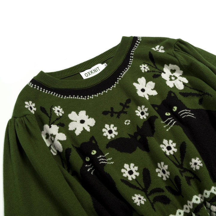 Malhas jacquard femininas com design clássico de flor de gato
