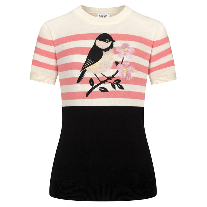 Women's Apricot White Bird Stripe Art Knit T-shirt