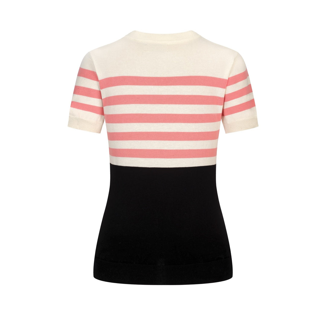 Women's Apricot White Bird Stripe Art Knit T-shirt