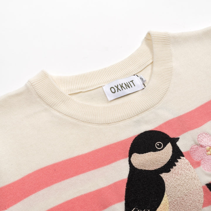 Women's Apricot White Bird Stripe Art Knit T-shirt