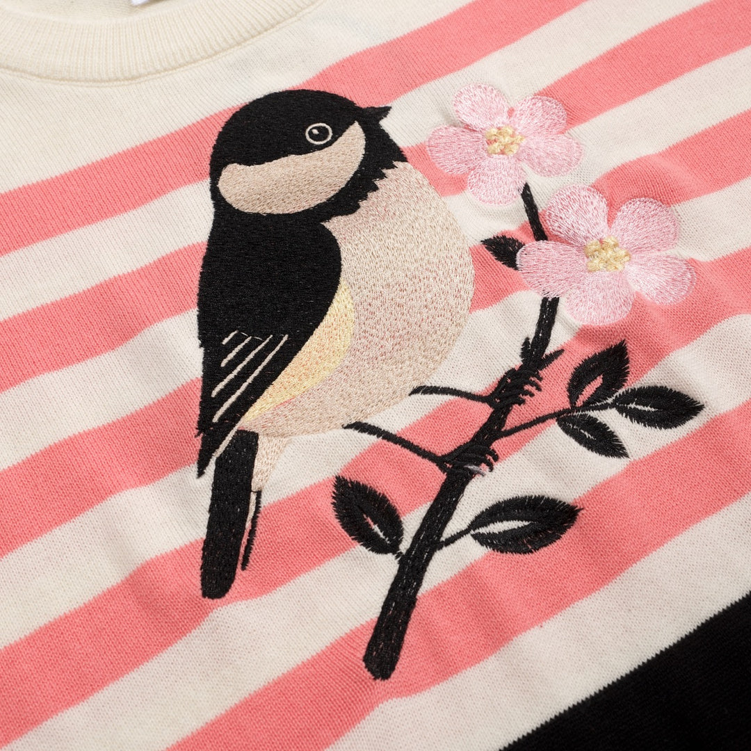 Women's Apricot White Bird Stripe Art Knit T-shirt