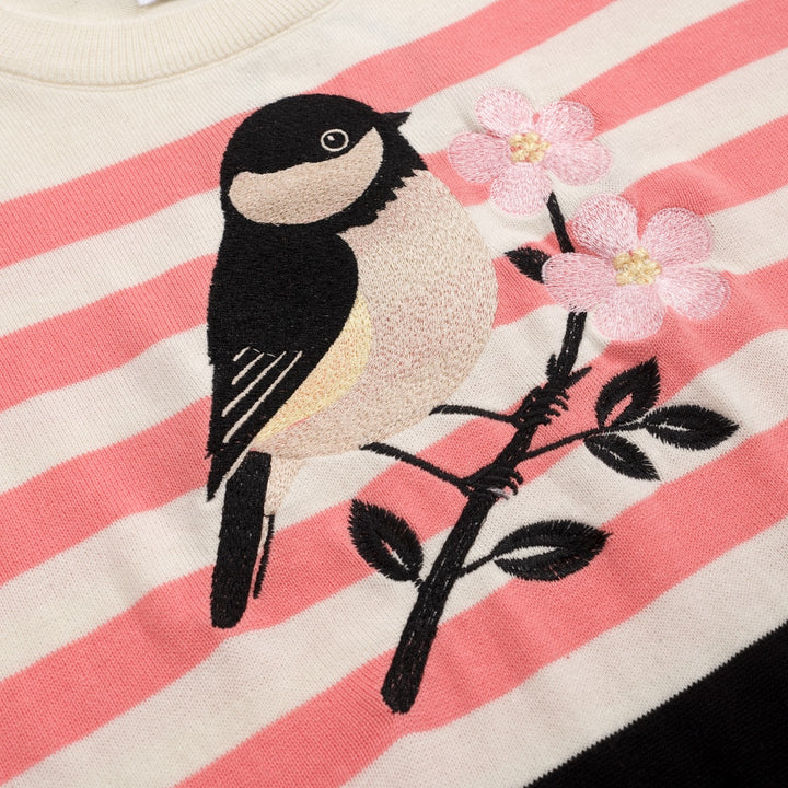 Women's Apricot White Bird Stripe Art Knit T-shirt
