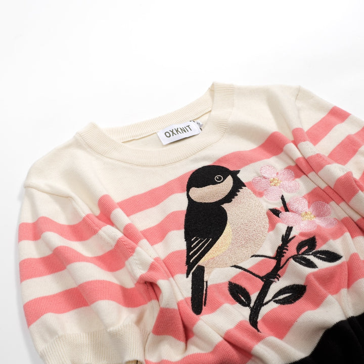 Women's Apricot White Bird Stripe Art Knit T-shirt