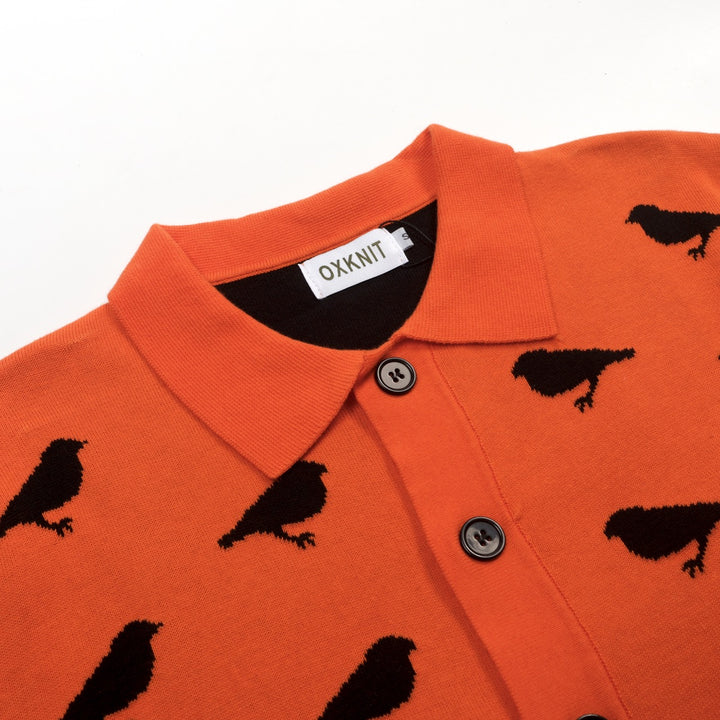 Πουκάμισο Πλεκτό Jacquard Ρετρό με Τέχνη Πορτοκαλί Πουλιού Ανδρικό