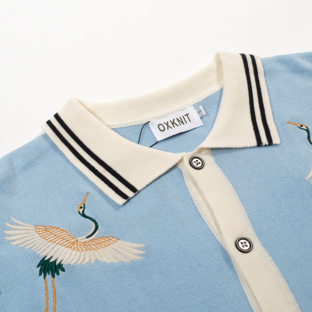 Men's Blue Bird Embroidered Vintage Art Knit Shirt