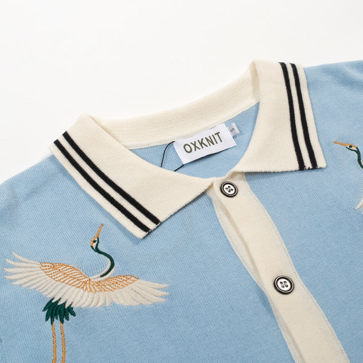 Men's Blue Bird Embroidered Vintage Art Knit Shirt