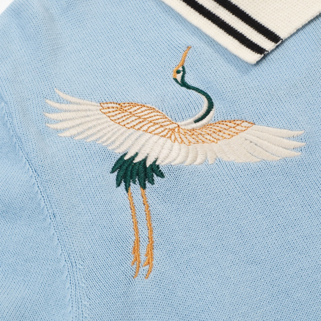 Men's Blue Bird Embroidered Vintage Art Knit Shirt