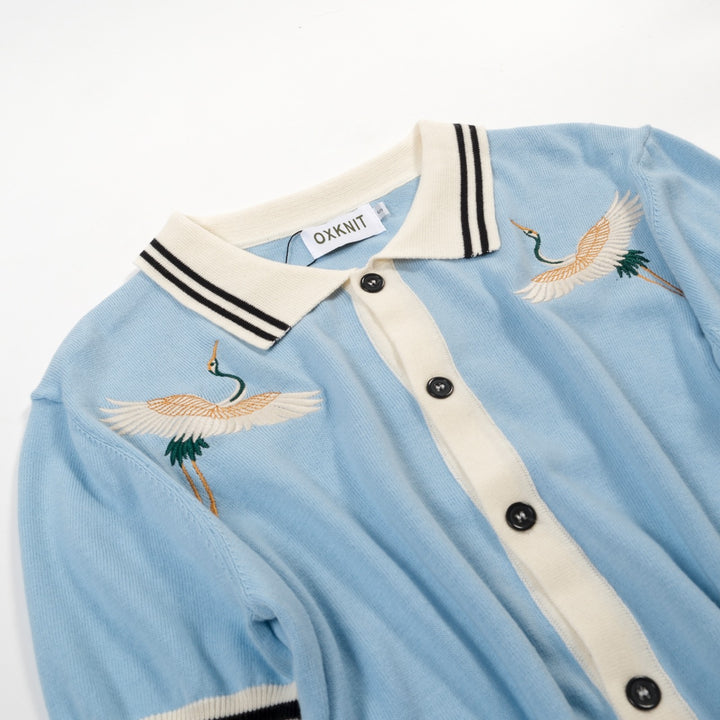 Men's Blue Bird Embroidered Vintage Art Knit Shirt