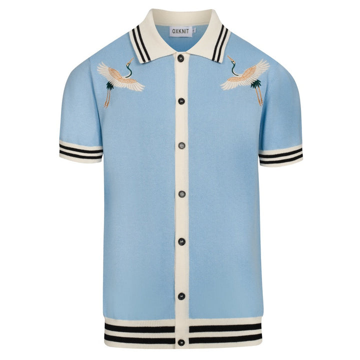 Men's Blue Bird Embroidered Vintage Art Knit Shirt