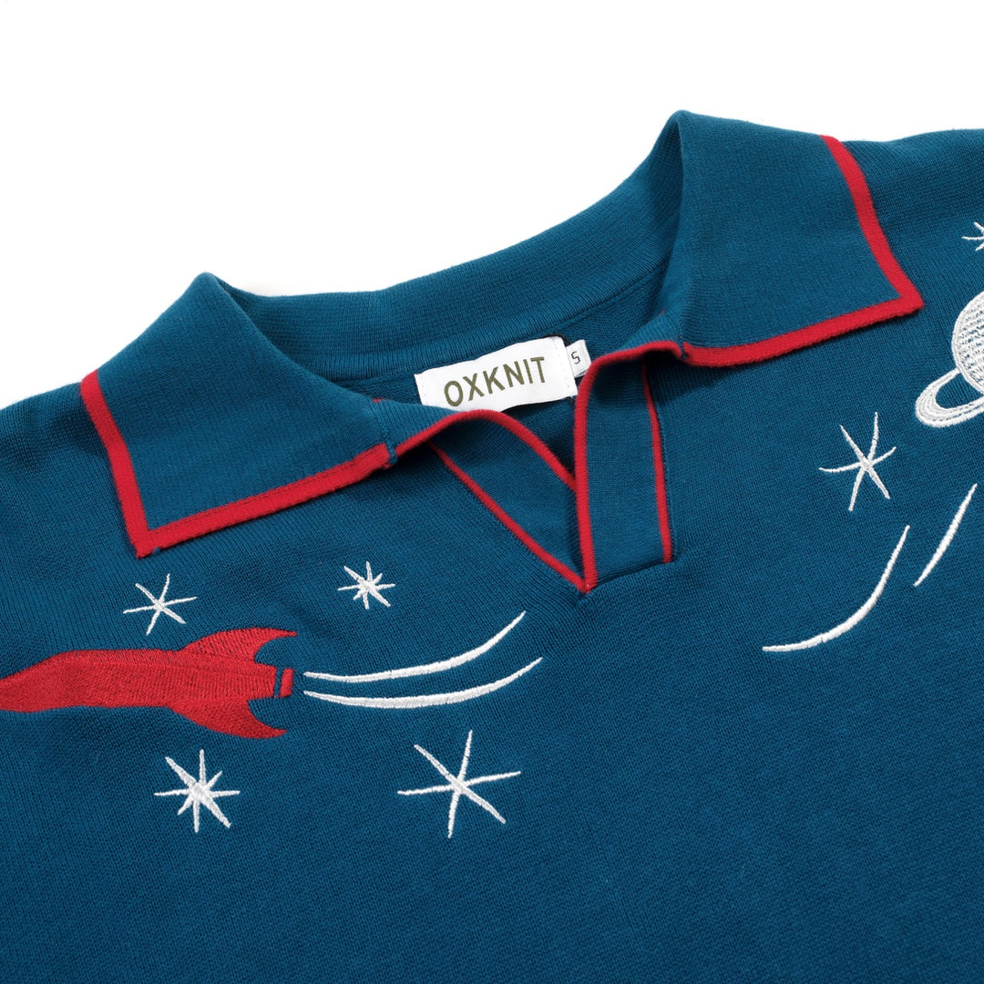 Men's Blue Rocket Planet Embroidered polo Knit Shirt