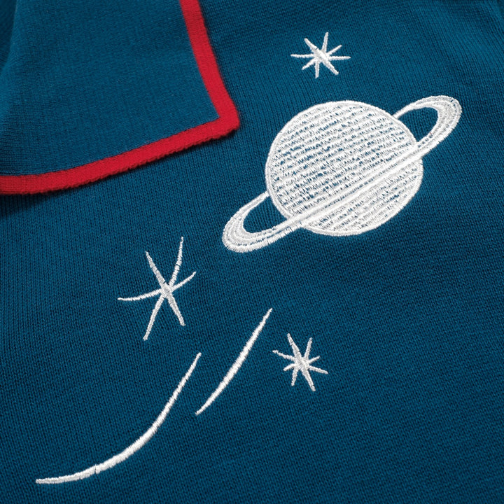 Men's Blue Rocket Planet Embroidered polo Knit Shirt