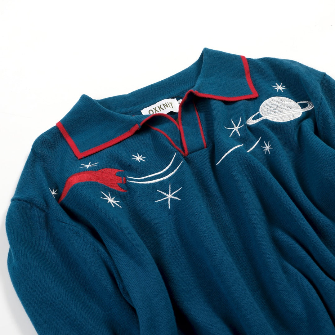 Men's Blue Rocket Planet Embroidered polo Knit Shirt