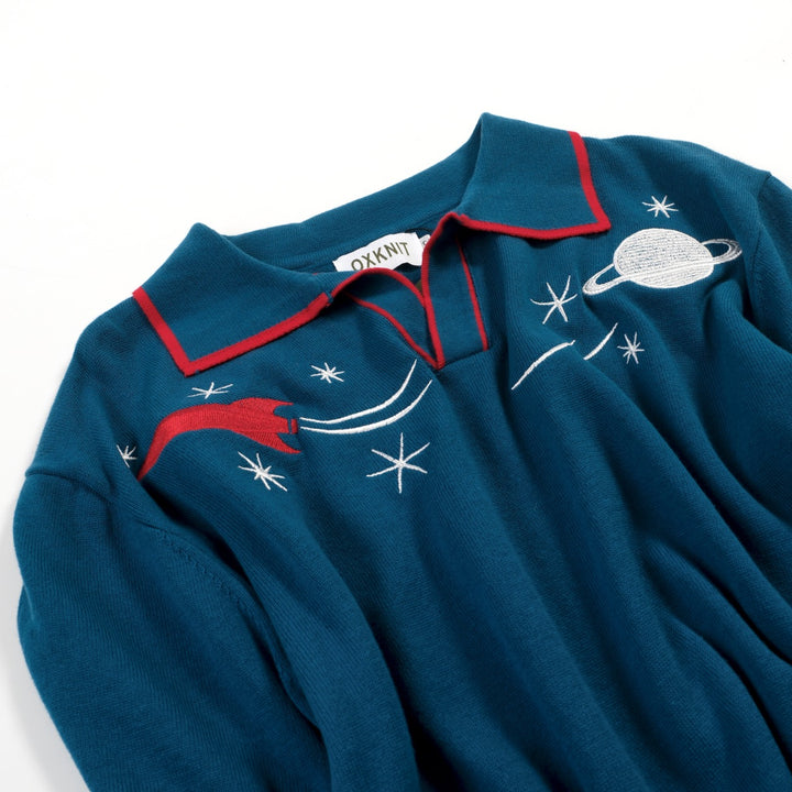 Men's Blue Rocket Planet Embroidered polo Knit Shirt