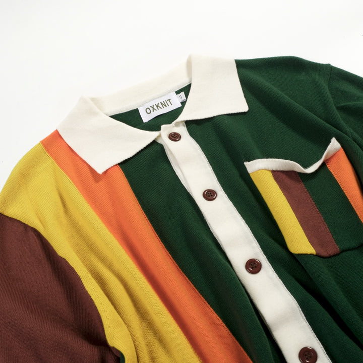 Groen gestreept retro-jacquardgebreid herenoverhemd