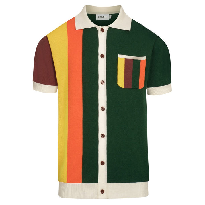 Groen gestreept retro-jacquardgebreid herenoverhemd