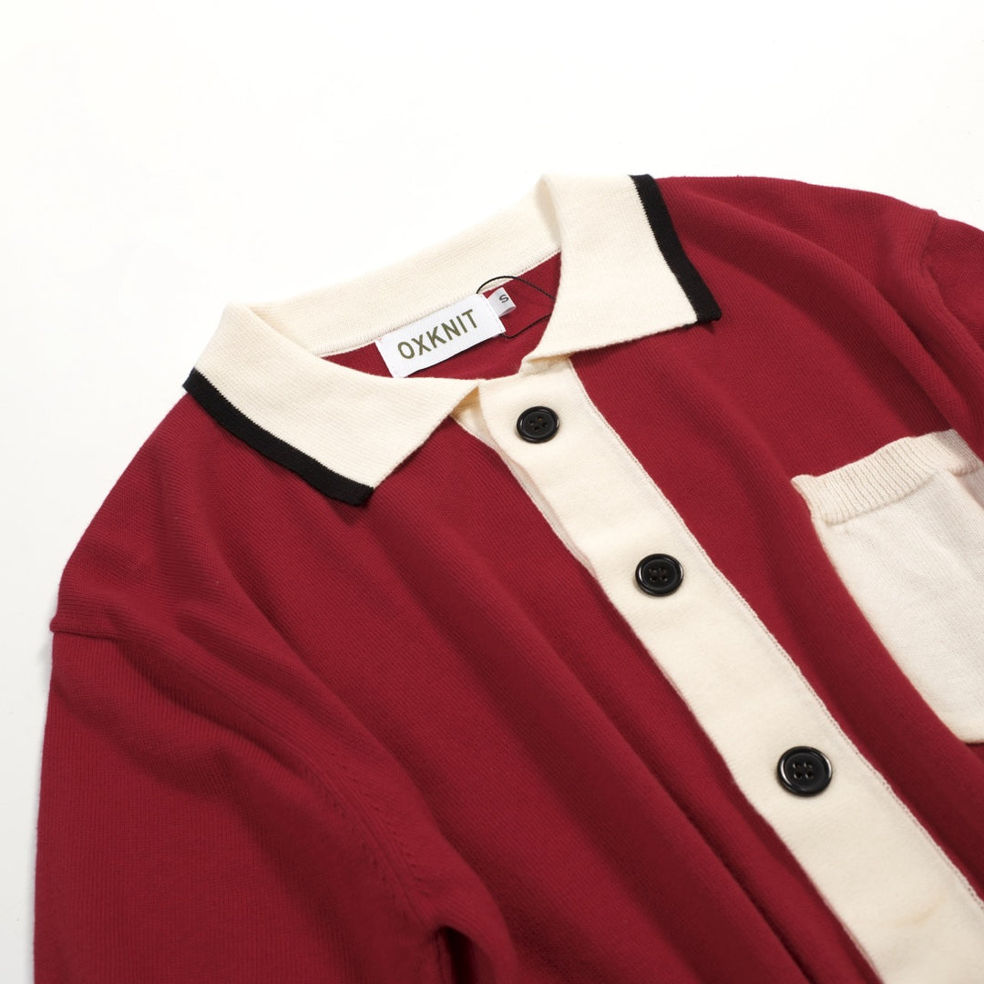 Men's Brick Red Retro Striped Design Knitted Cardigan