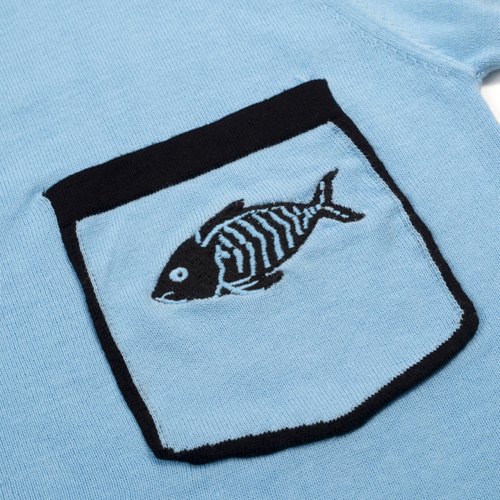 Men's Blue Retro Art Fish Embroidery Knitted Cardigan