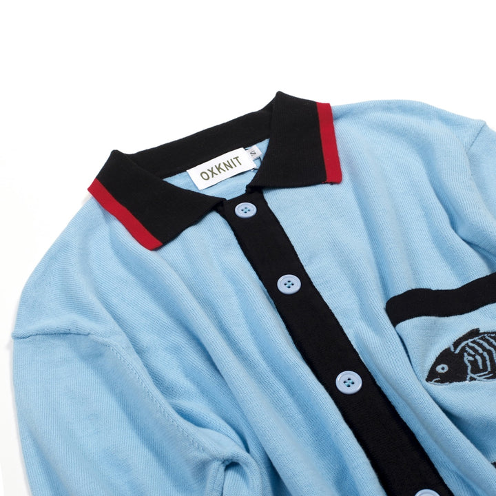 Men's Blue Retro Art Fish Embroidery Knitted Cardigan