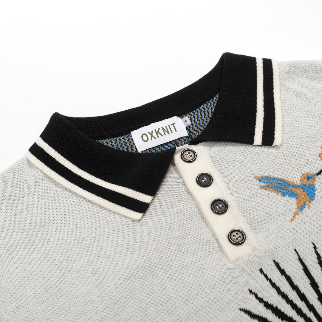 Men's Apricot White Vintage Art Bird Jacquard Polo Knit Shirt