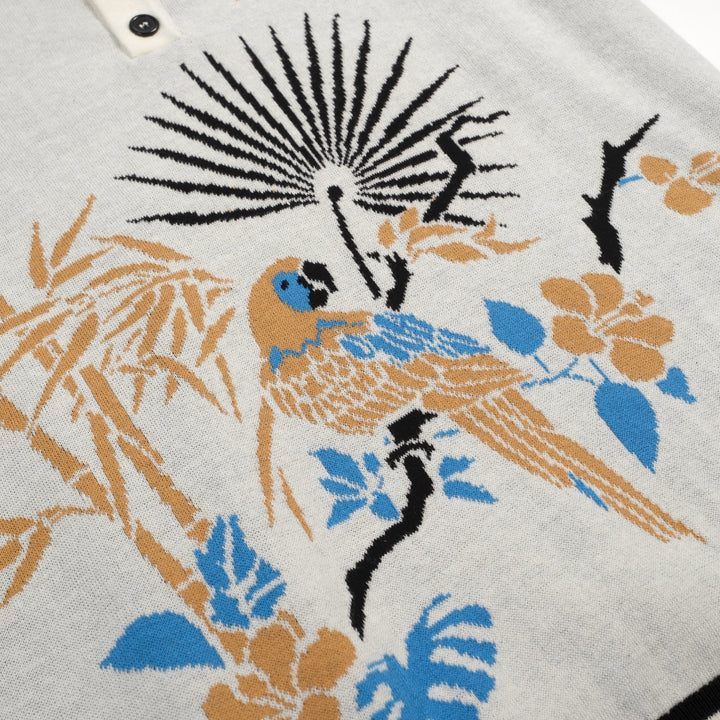 Men's Apricot White Vintage Art Bird Jacquard Polo Knit Shirt