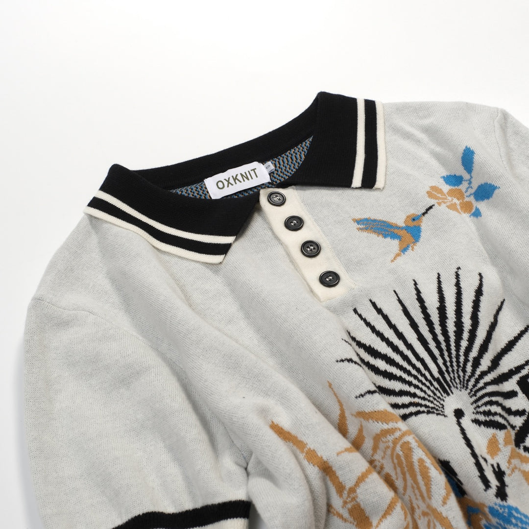 Men's Apricot White Vintage Art Bird Jacquard Polo Knit Shirt